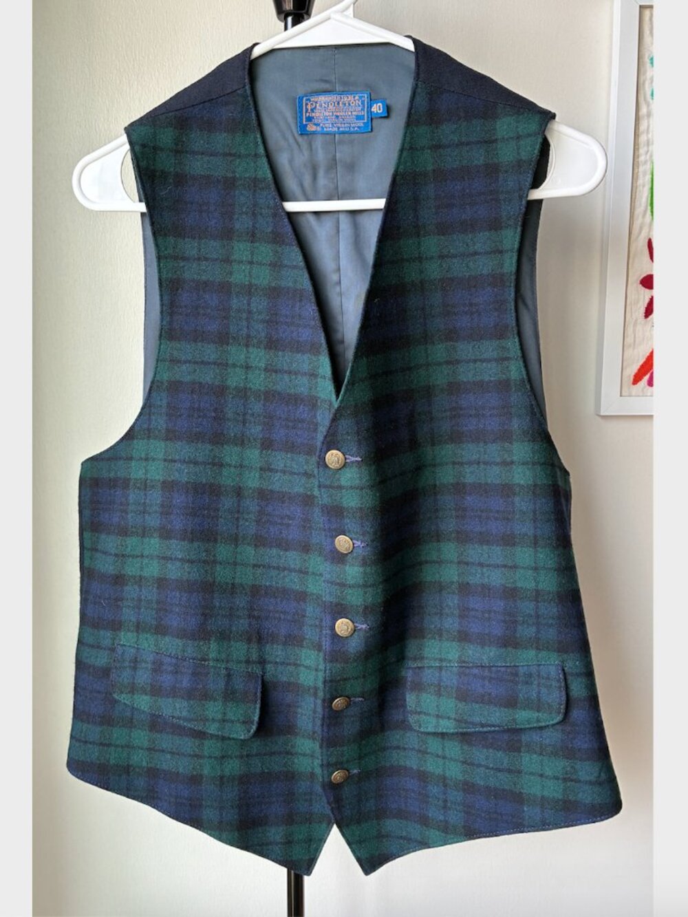 Pendleton Vintage Green and Blue Plaid Vest - Size 40